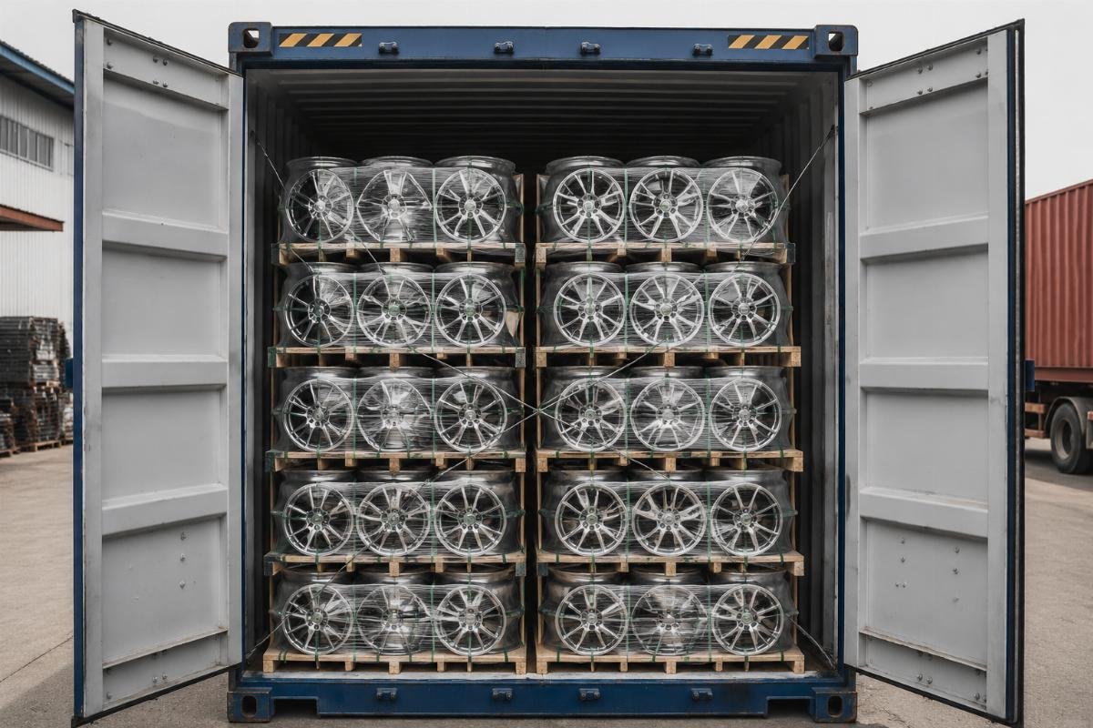 A standard 40ft container loaded with stacked alloy wheels for international shipping