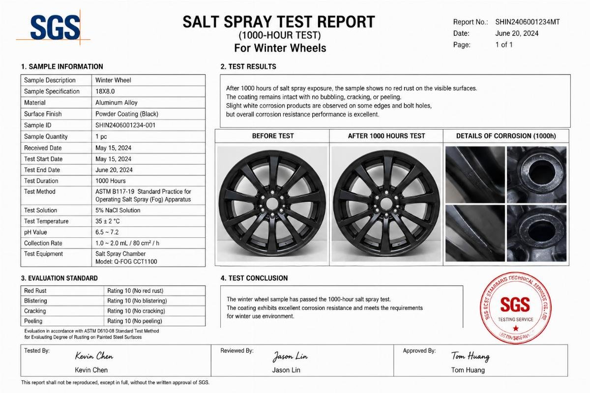 Example of a 1000-hour salt spray test report for winter wheels