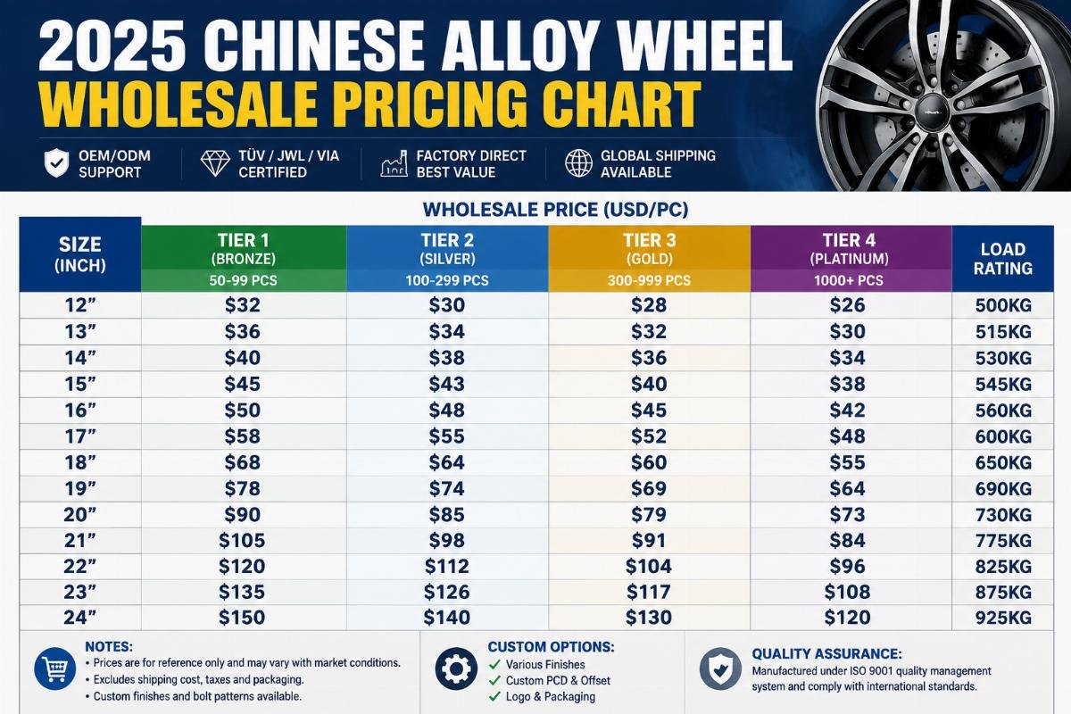 2025 tiered Chinese alloy wheel wholesale pricing chart for 12-24 inch sizes