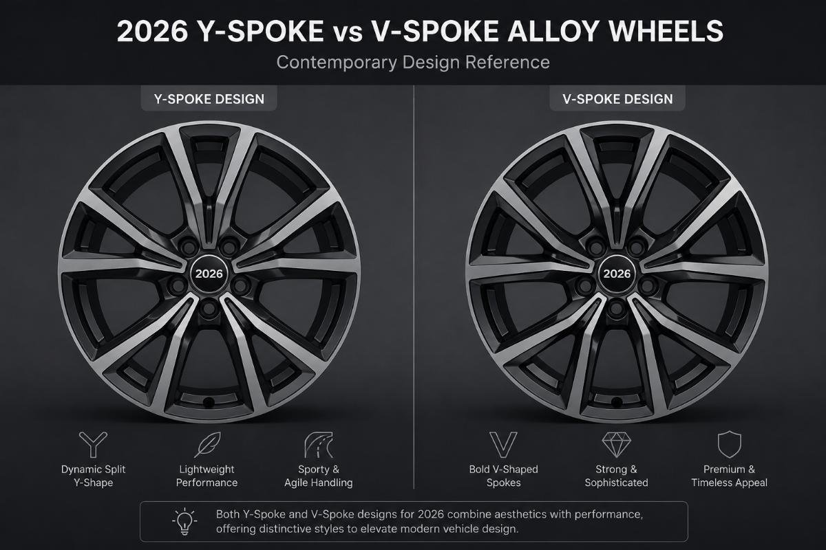 Side-by-side comparison of 2026 contemporary Y-spoke and V-spoke alloy wheels