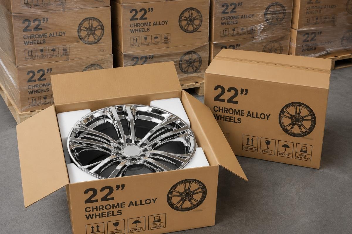 22 inch chrome alloy wheels packaged in Amazon-ready bulk shipping boxes