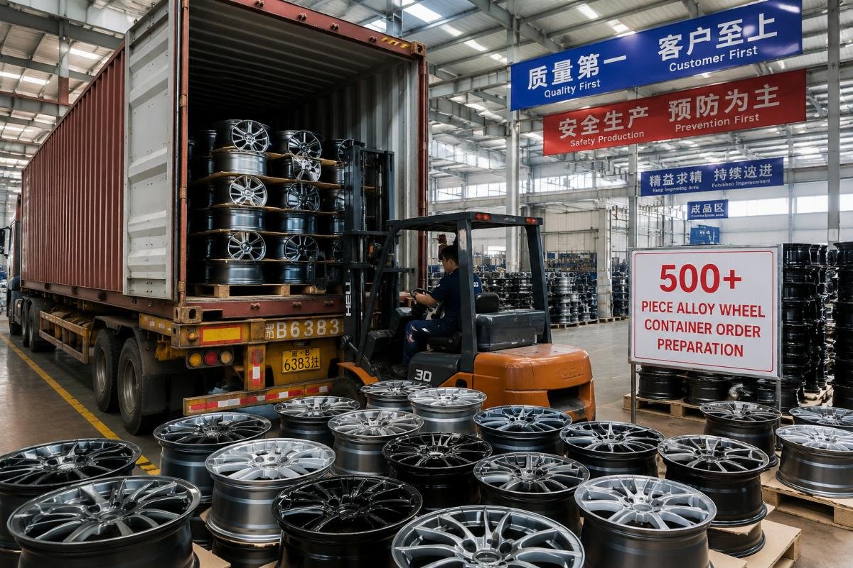 500+ piece alloy wheel container loading at a Chinese factory warehouse