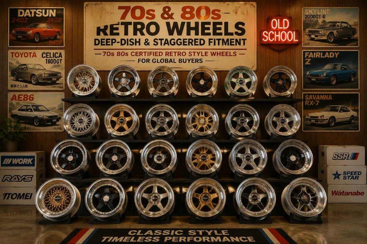 Collection of 70s and 80s deep-dish and staggered fitment retro wheels on display