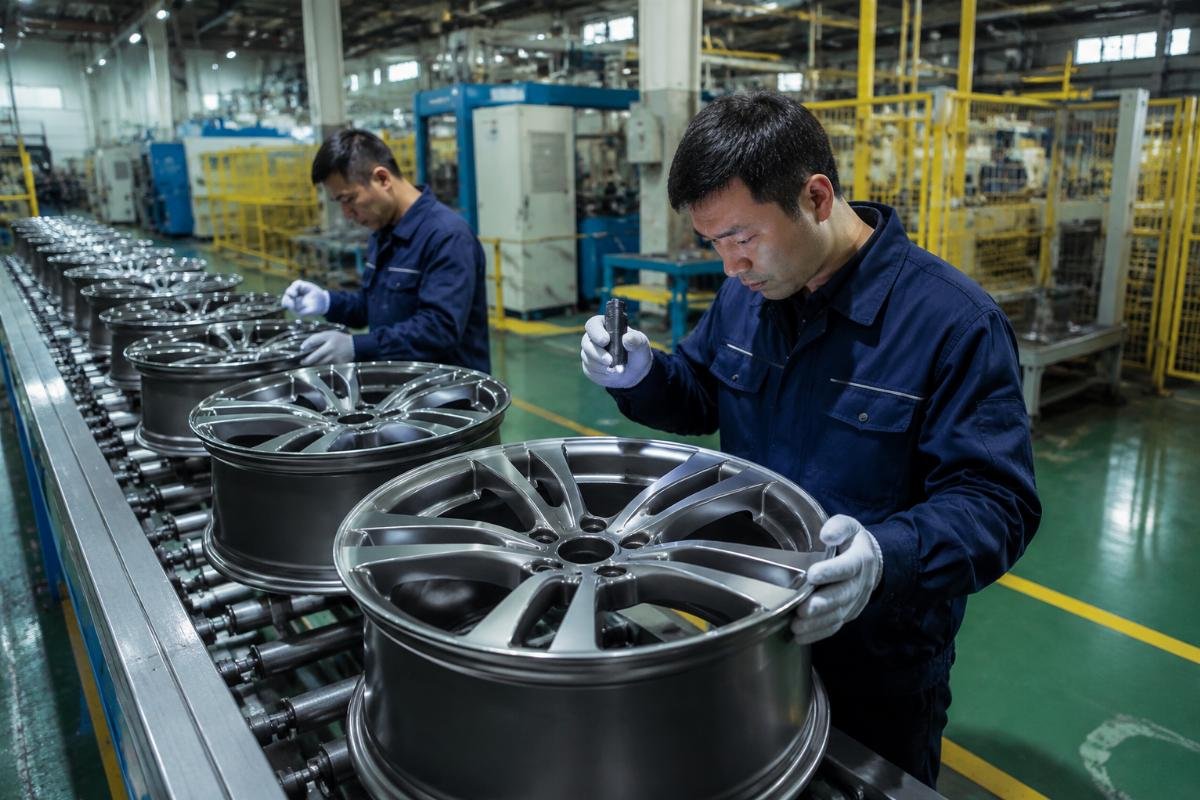 Bulk alloy wheel batch inspection line at a Chinese production facility