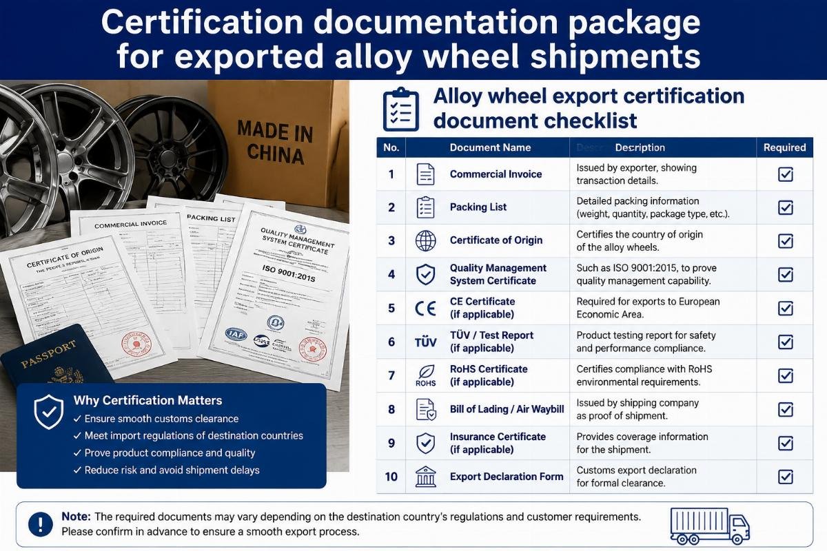 Certification documentation package for exported alloy wheel shipments