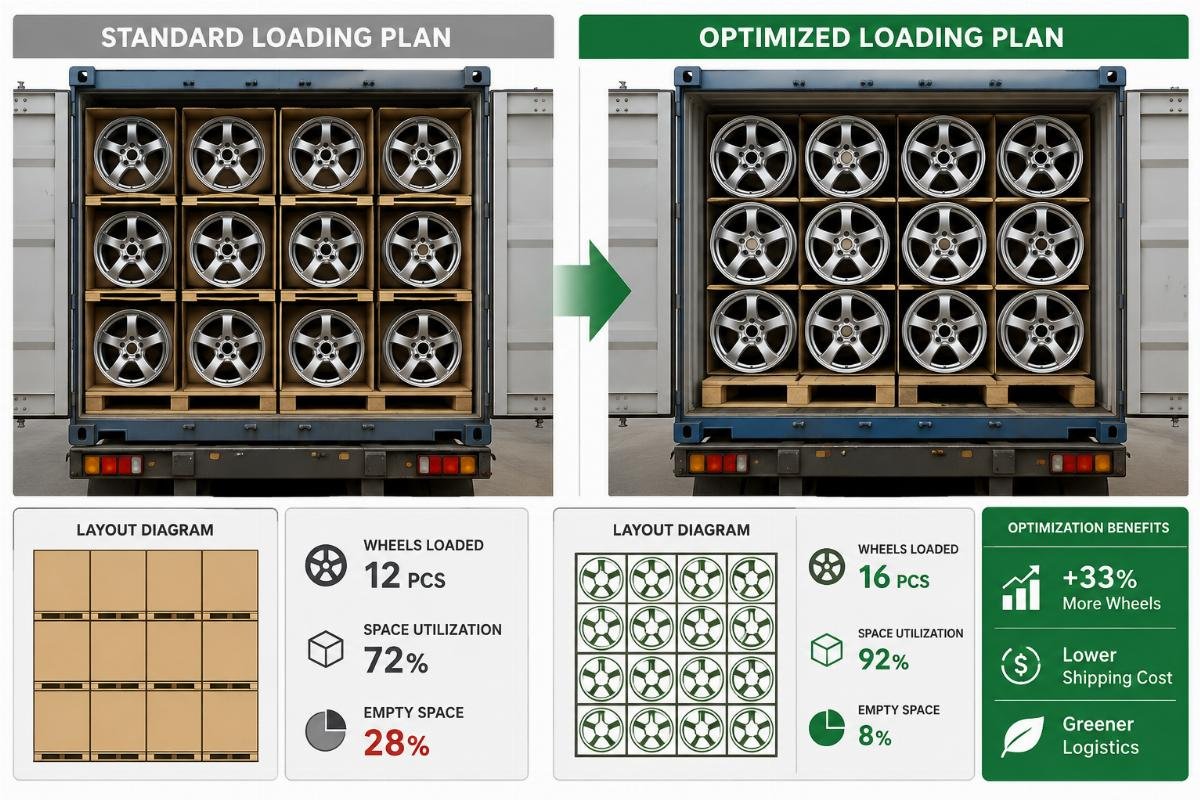 Alloy wheel loading layout comparison between standard and optimized plans