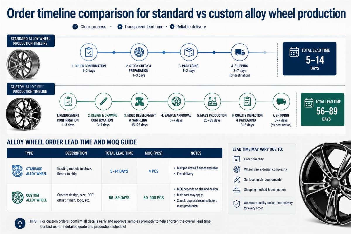 Order timeline comparison for standard vs custom alloy wheel production