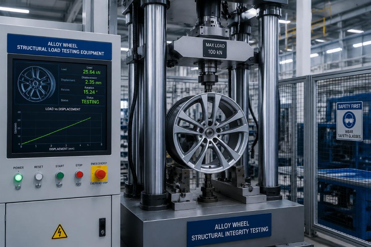Alloy wheel structural load testing equipment at a production facility