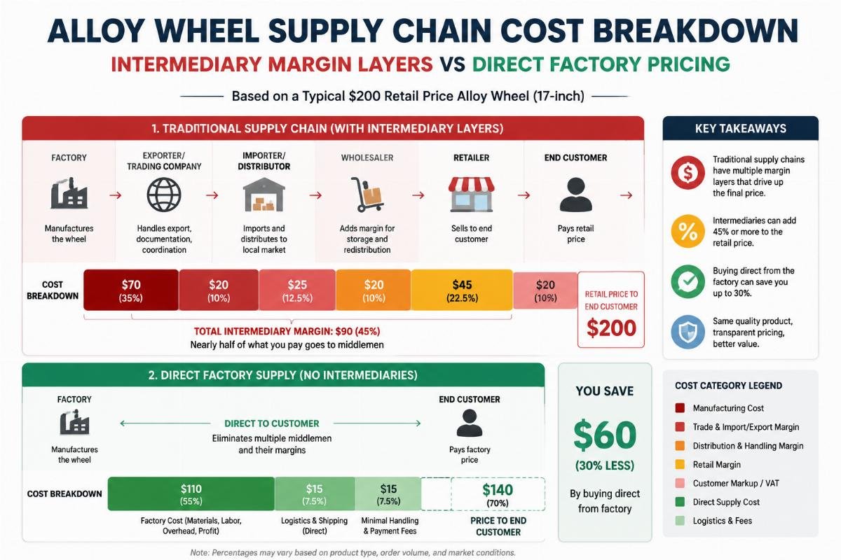 Cost breakdown infographic showing intermediary margin layers vs direct factory pricing