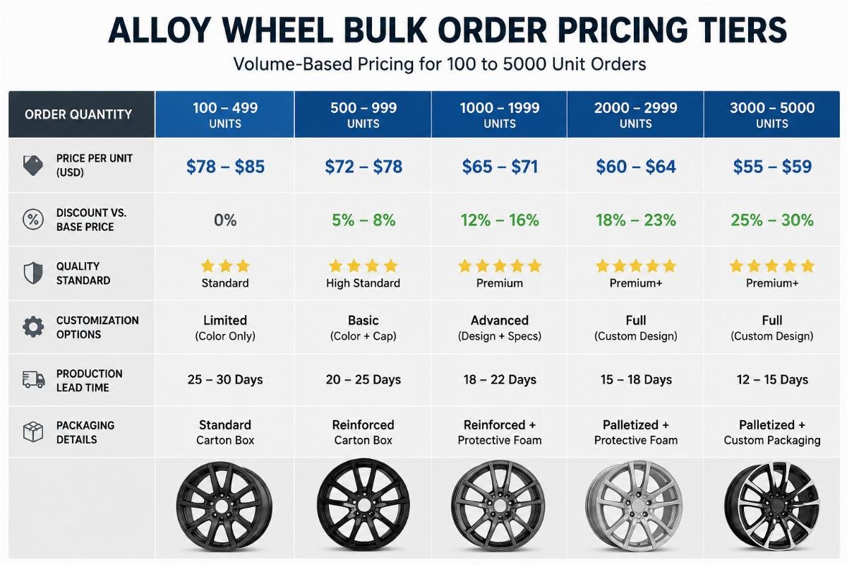 Pricing tier comparison chart for 100 to 5000 unit alloy wheel bulk orders