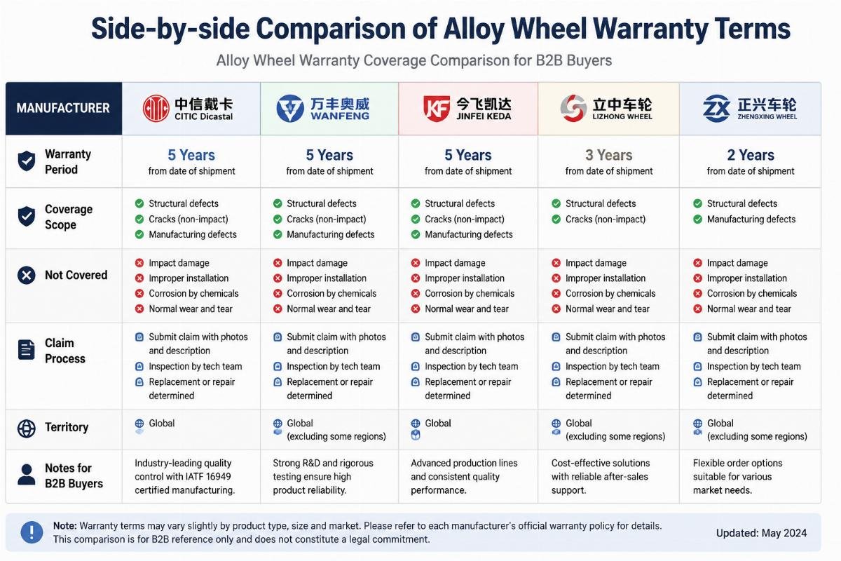Side-by-side comparison of alloy wheel warranty terms from leading Chinese manufacturers