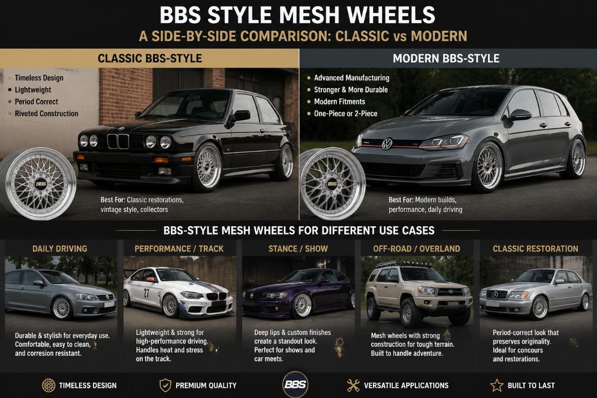 A side-by-side comparison of classic and modern BBS-style mesh wheels installed on different vehicle types