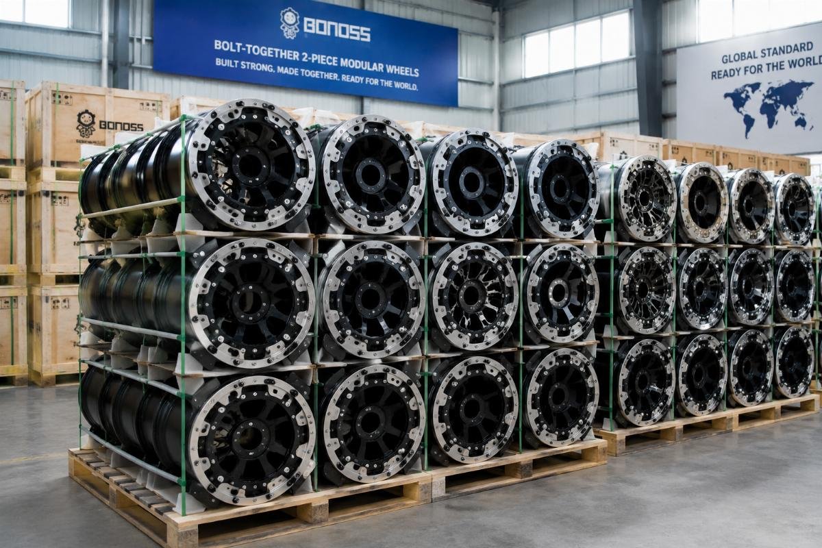 A batch of finished 2-piece modular bolt-together wheels stacked in a clean factory warehouse