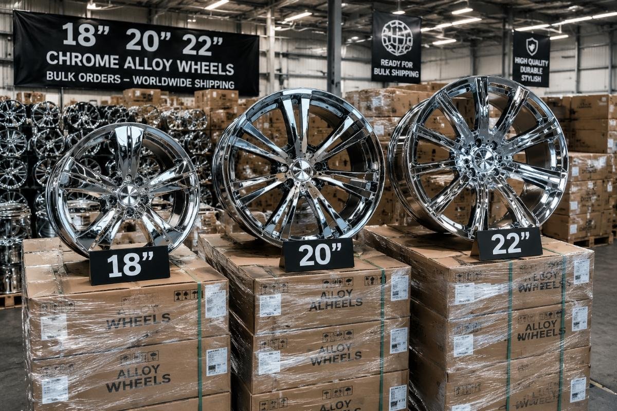 18, 20, 22 inch chrome alloy wheels stacked in a warehouse ready for bulk shipping