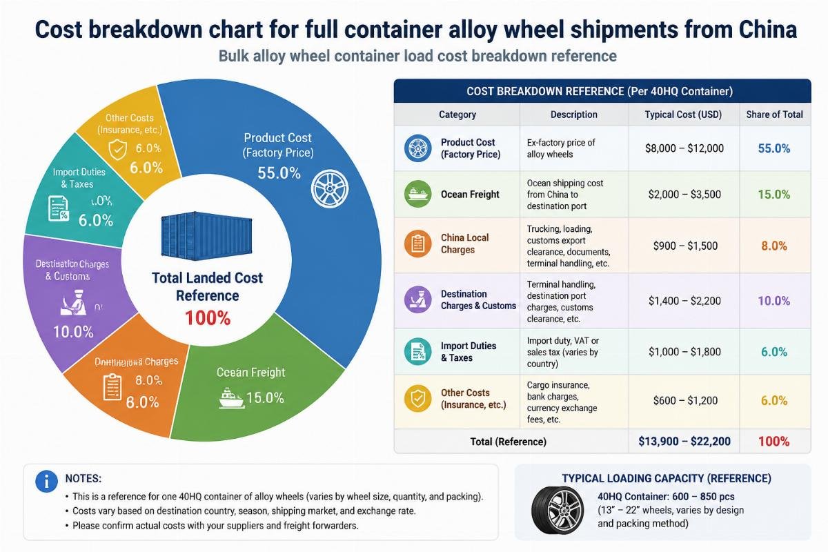 Cost breakdown chart for full container alloy wheel shipments from China