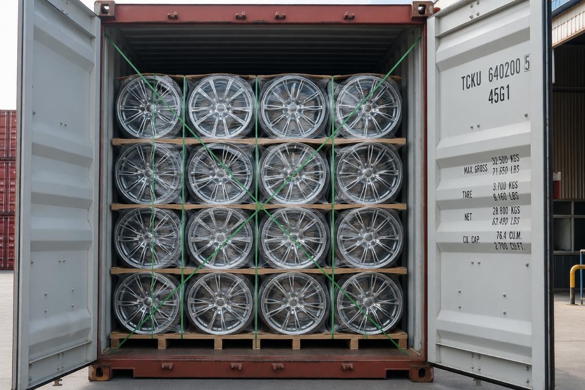 Bulk alloy wheels stacked in a 40-foot shipping container ready for export