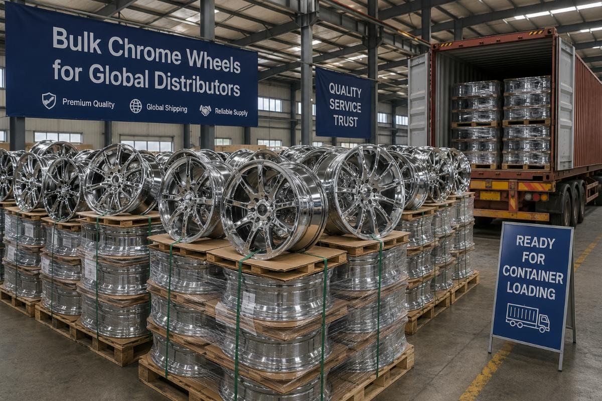 Bulk chrome wheel shipment stacked in a factory warehouse ready for container loading