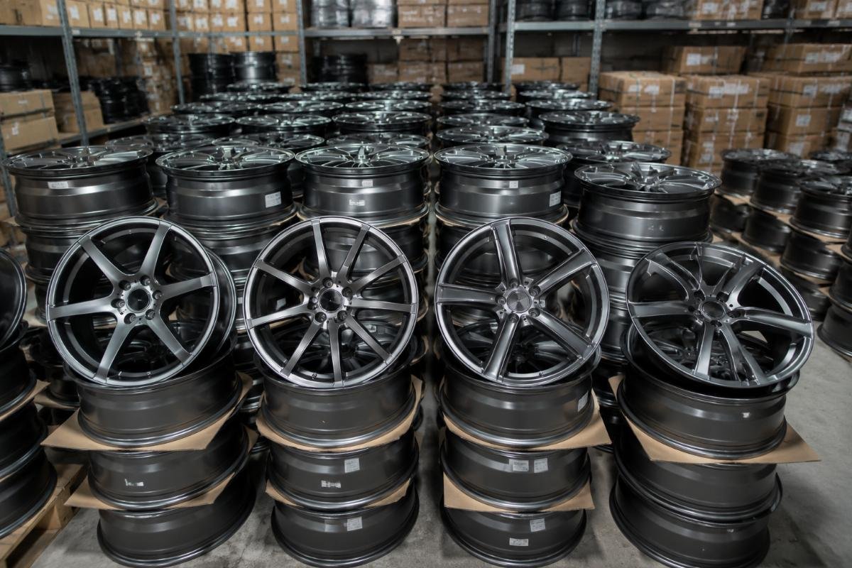 Stacked inventory of 18 to 22 inch gunmetal alloy wheels in a warehouse
