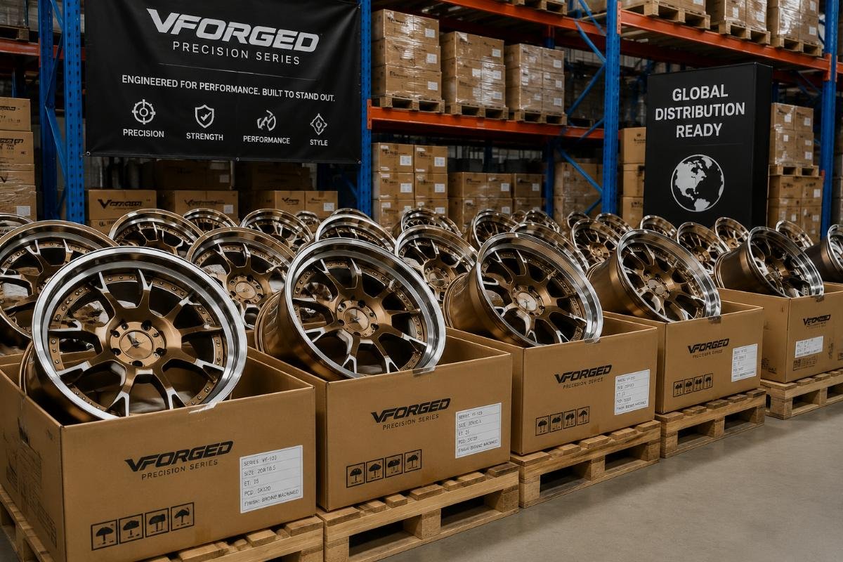 Bulk stocked bronze machined two-tone wheels for global distribution Warehouse storage of bronze machined two-tone wheels ready for shipment