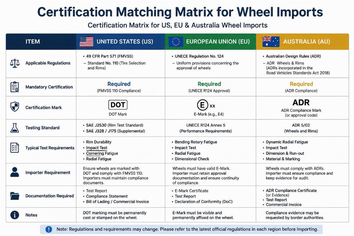 Certification matching matrix for wheel imports