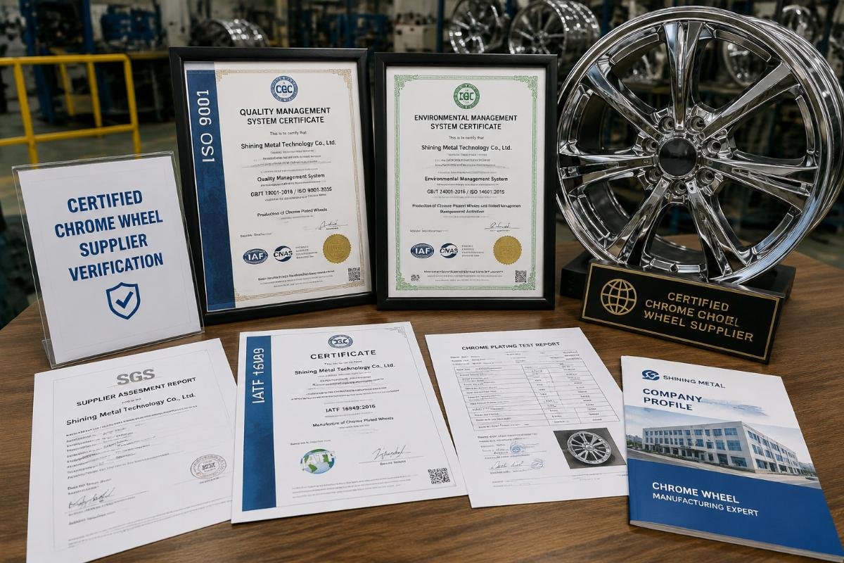 Certified chrome wheel supplier verification Certification document samples laid out on a factory desk