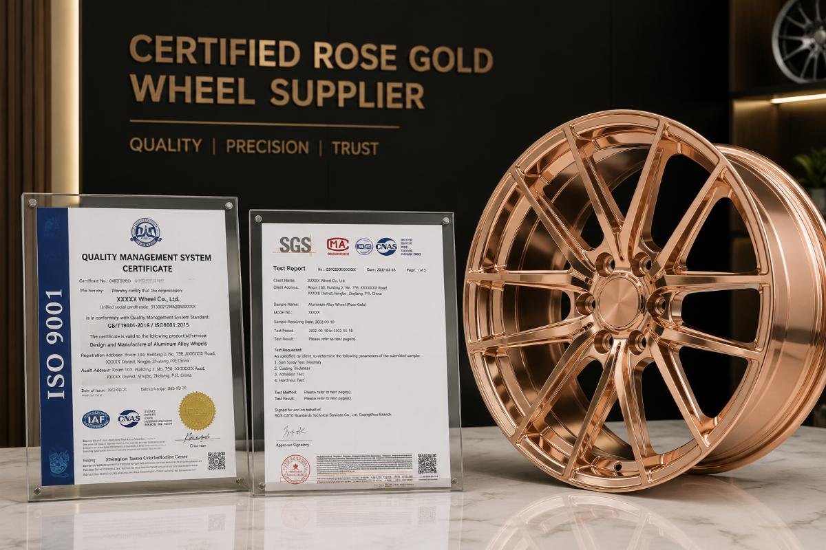 certified rose gold wheel supplier Certification documents laid out next to a finished rose gold wheel