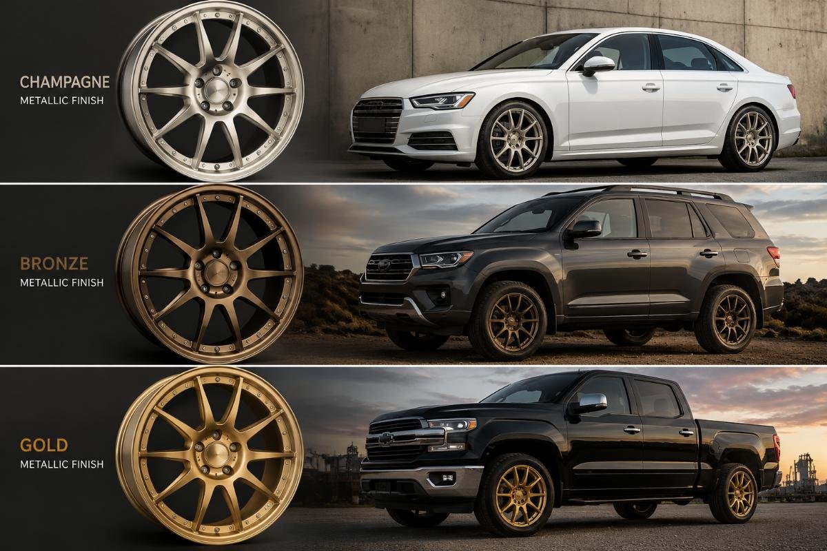 Three variants of champagne, bronze, and gold metallic finish wheels mounted on different vehicle types