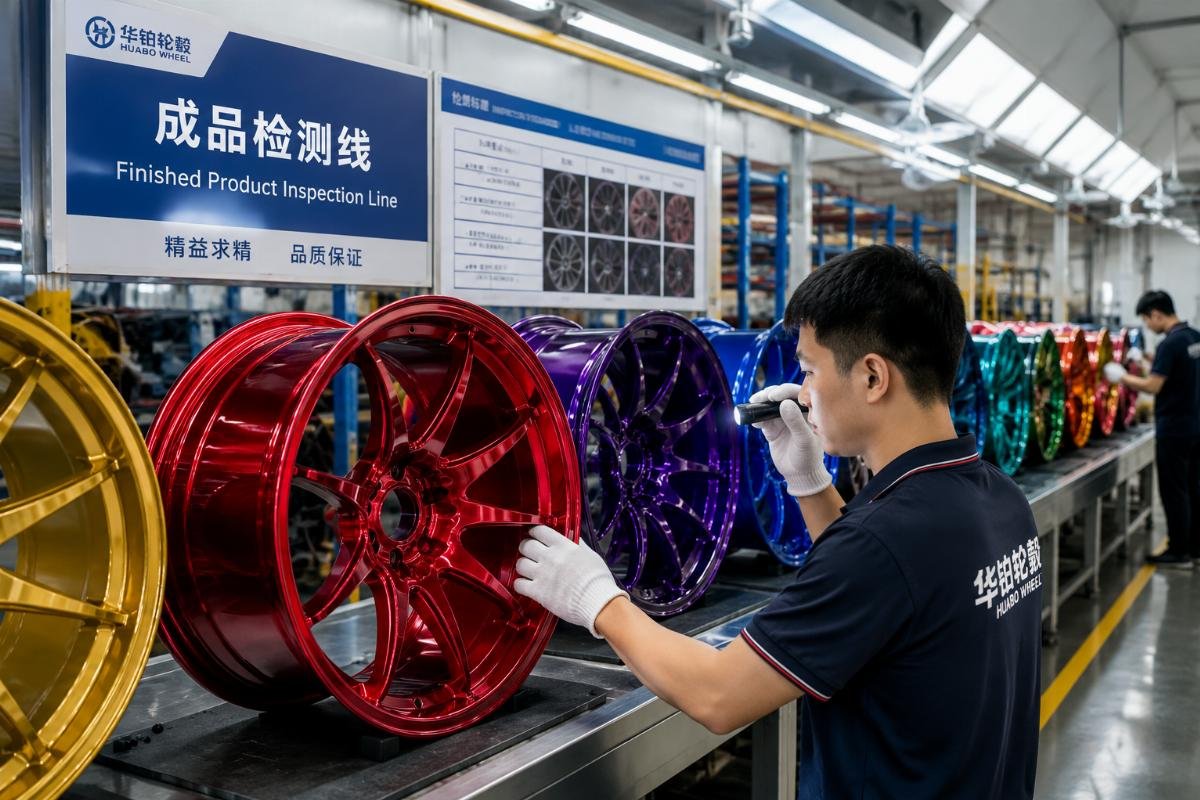 Factory production line showing inspection of finished candy paint alloy wheels