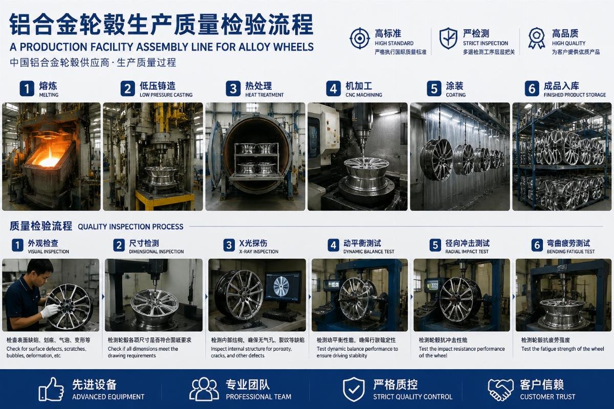 A production facility assembly line for alloy wheels showing quality inspection processes