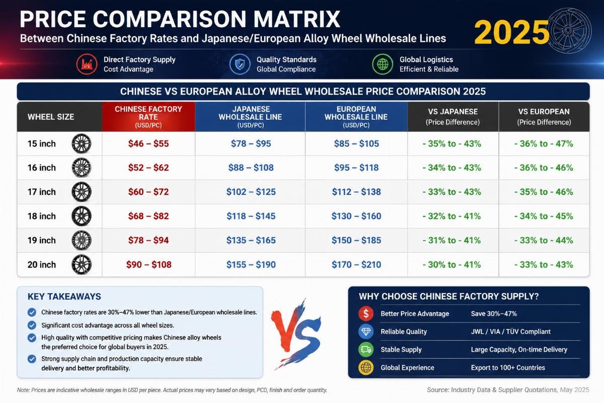 Price comparison matrix between Chinese factory rates and Japanese/European alloy wheel wholesale lines