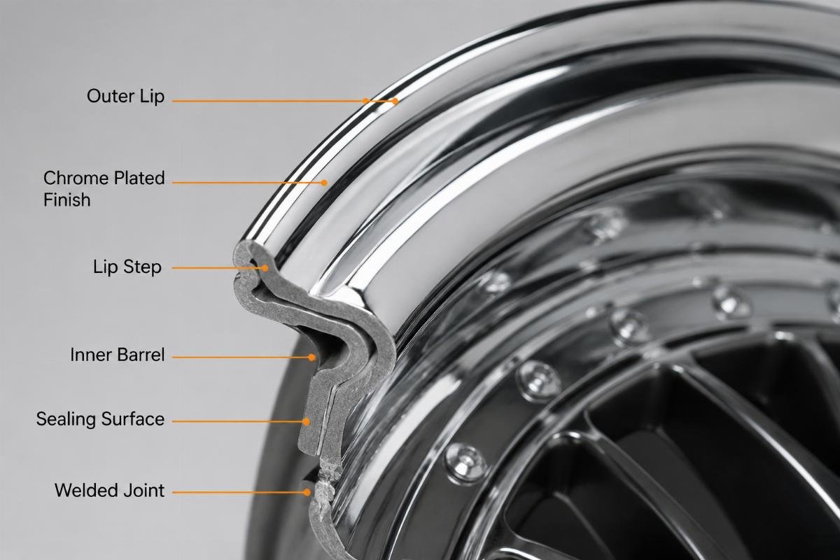 Close up of wheel edge showing the chrome lip structure on a chrome lip wheel