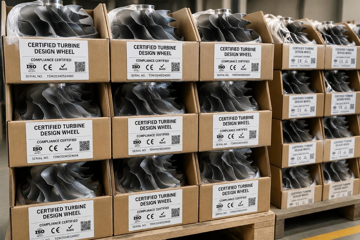 Stack of certified turbine design wheels with printed compliance labels on packaging