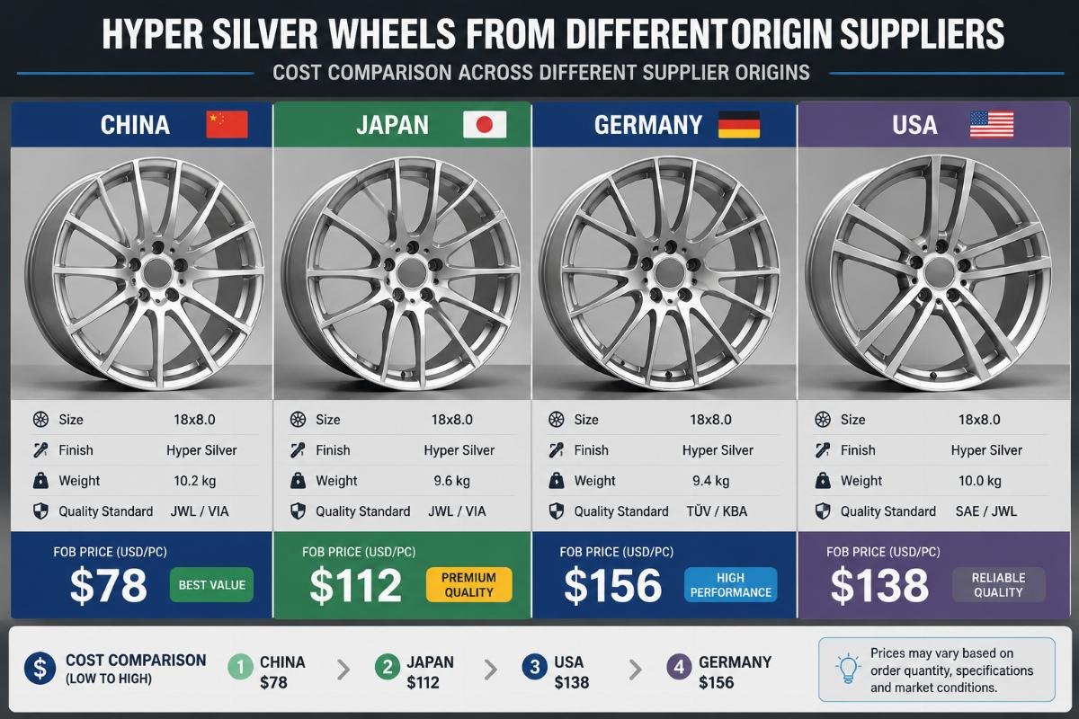Cost comparison of hyper silver wheels across different supplier origins Side by side comparison of hyper silver wheels from different origin suppliers with pricing labels