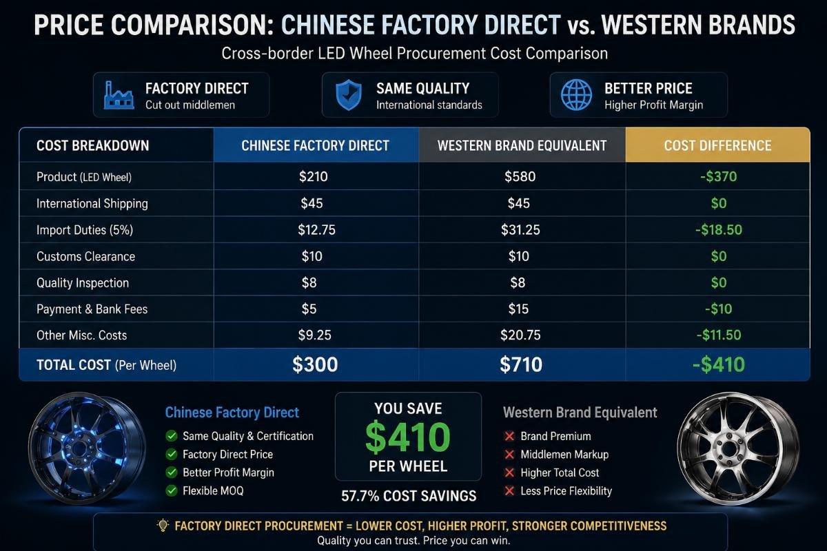 Cross-border LED wheel procurement cost comparison Price comparison breakdown between Chinese factory direct LED wheels and western brand equivalents