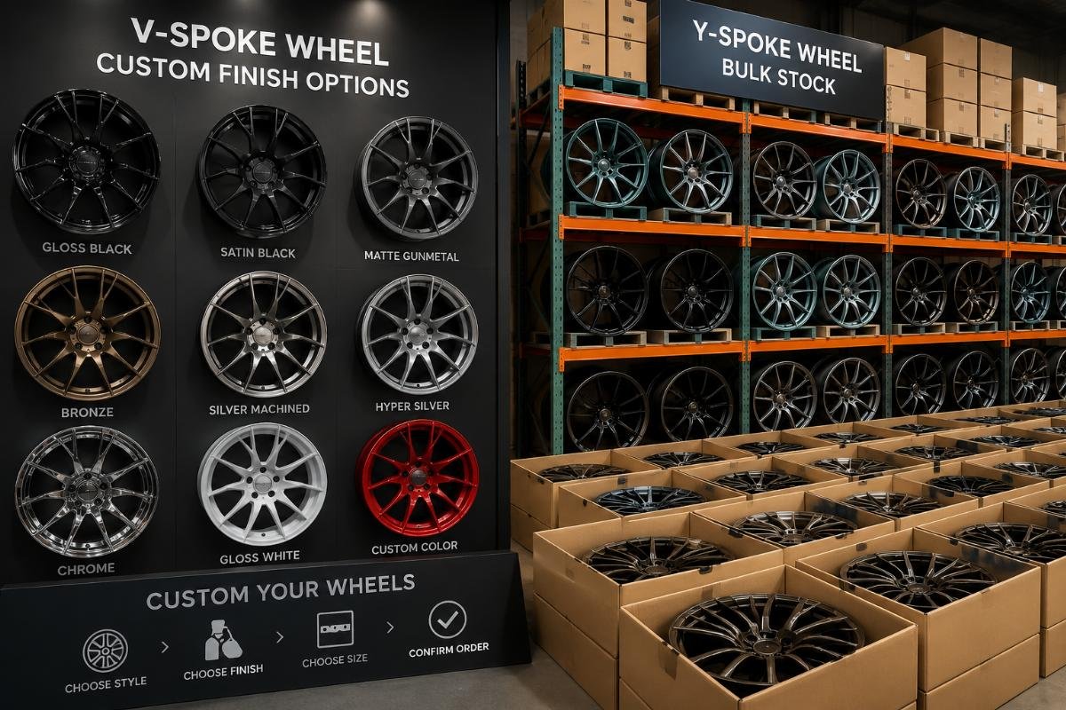 Custom and stocked Y/V-spoke wheel options Custom V-spoke wheel finish options and Y-spoke wheel bulk stock