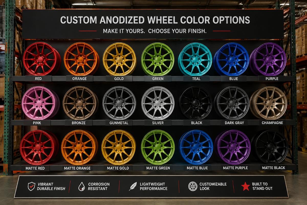 Multiple custom color anodized wheels displayed on a warehouse shelf