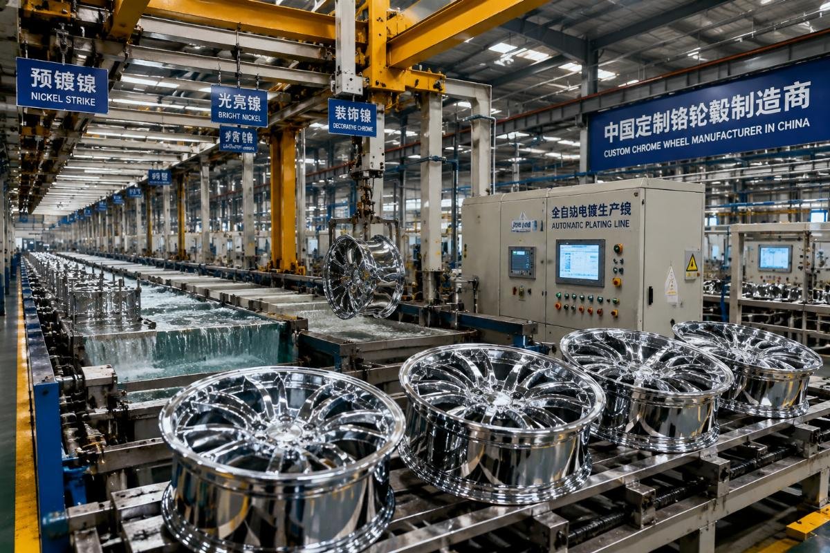 Custom chrome wheel manufacturing in China Factory production line for custom chrome wheels with automated plating stations