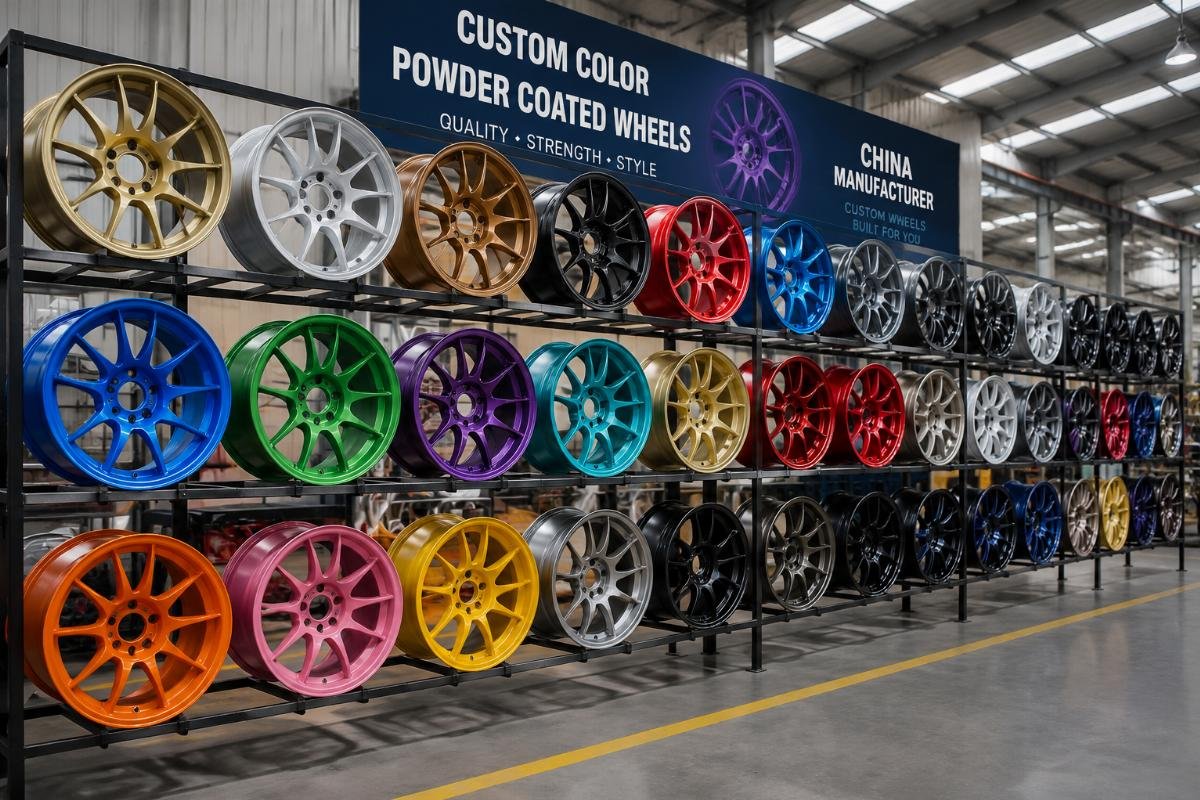 A range of custom color powder coated alloy wheels displayed neatly in a factory warehouse