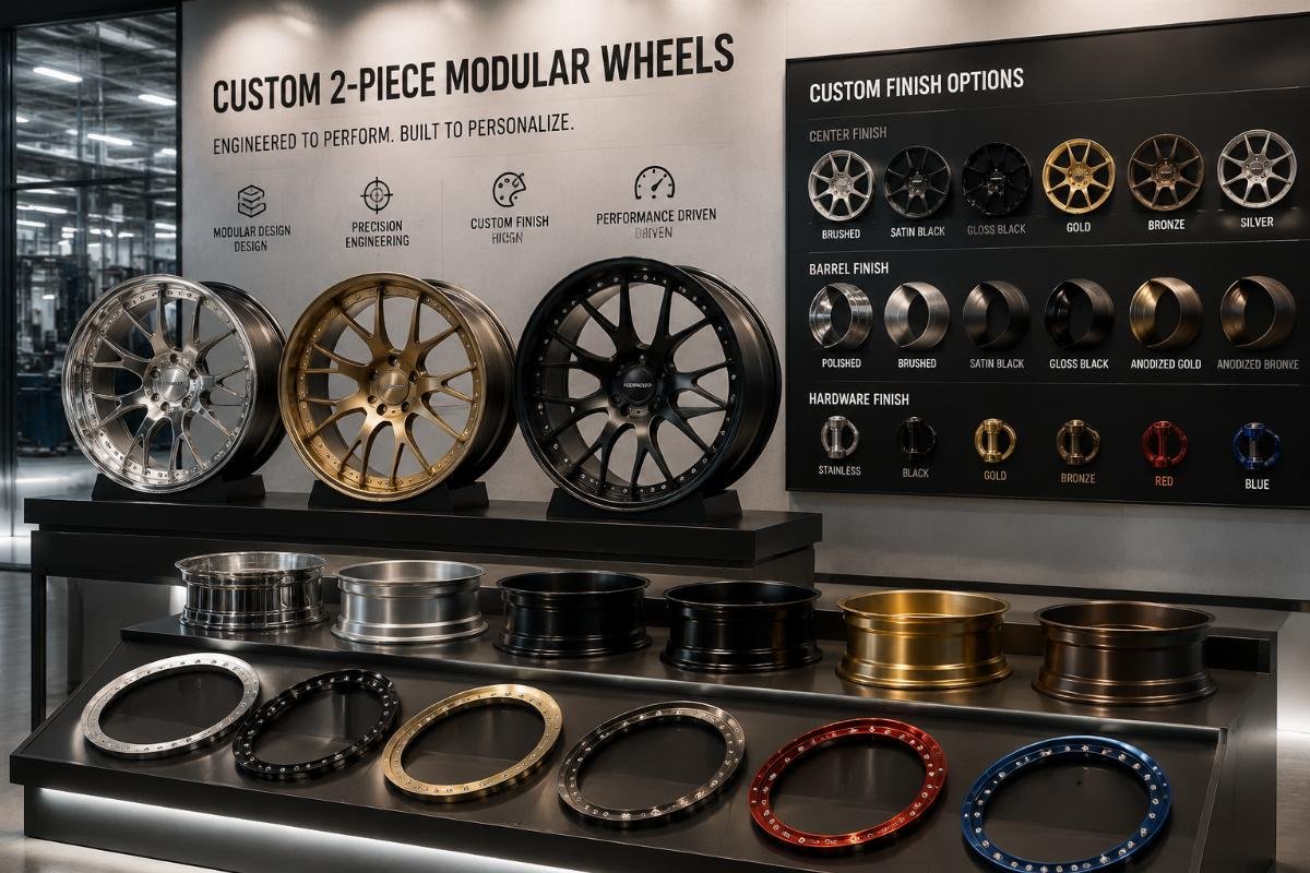 Custom 2-piece modular wheels on display in a factory showroom with different finish options