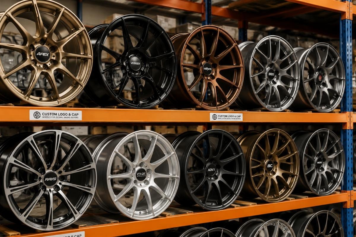 A range of alloy wheels with custom engraved logos and branded center caps arranged on a warehouse shelf