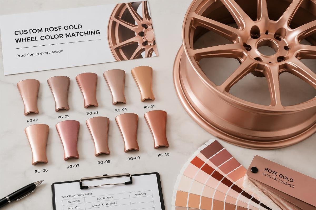 custom rose gold wheel color matching Custom rose gold wheel sample units laid out for color matching