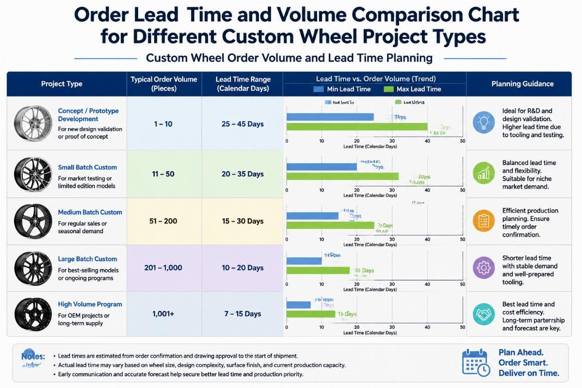 custom wheel order volume and lead time planning Order lead time and volume comparison chart for different custom wheel project types