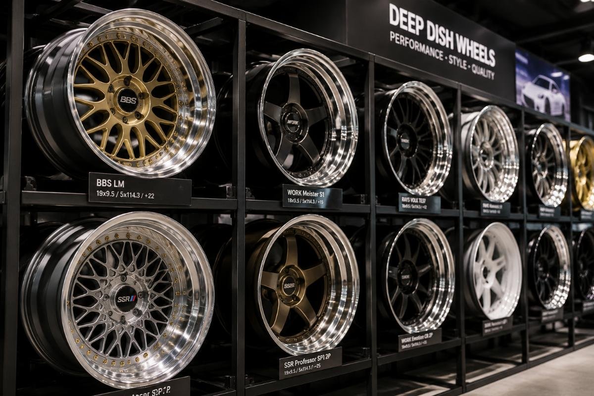High-quality deep dish wheels with concave and lip designs displayed on a showroom rack