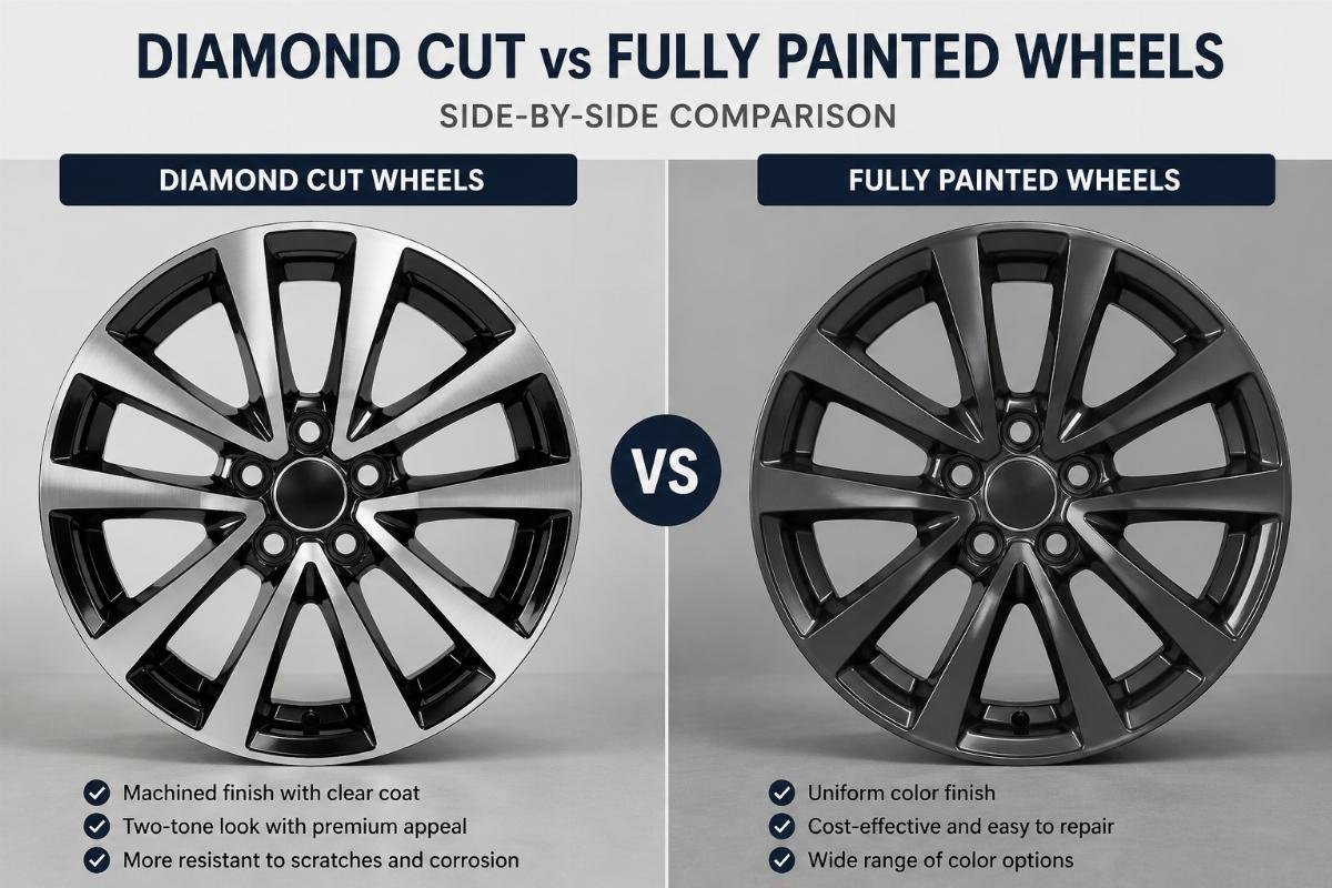 Side-by-side comparison of diamond cut and fully painted alloy wheels