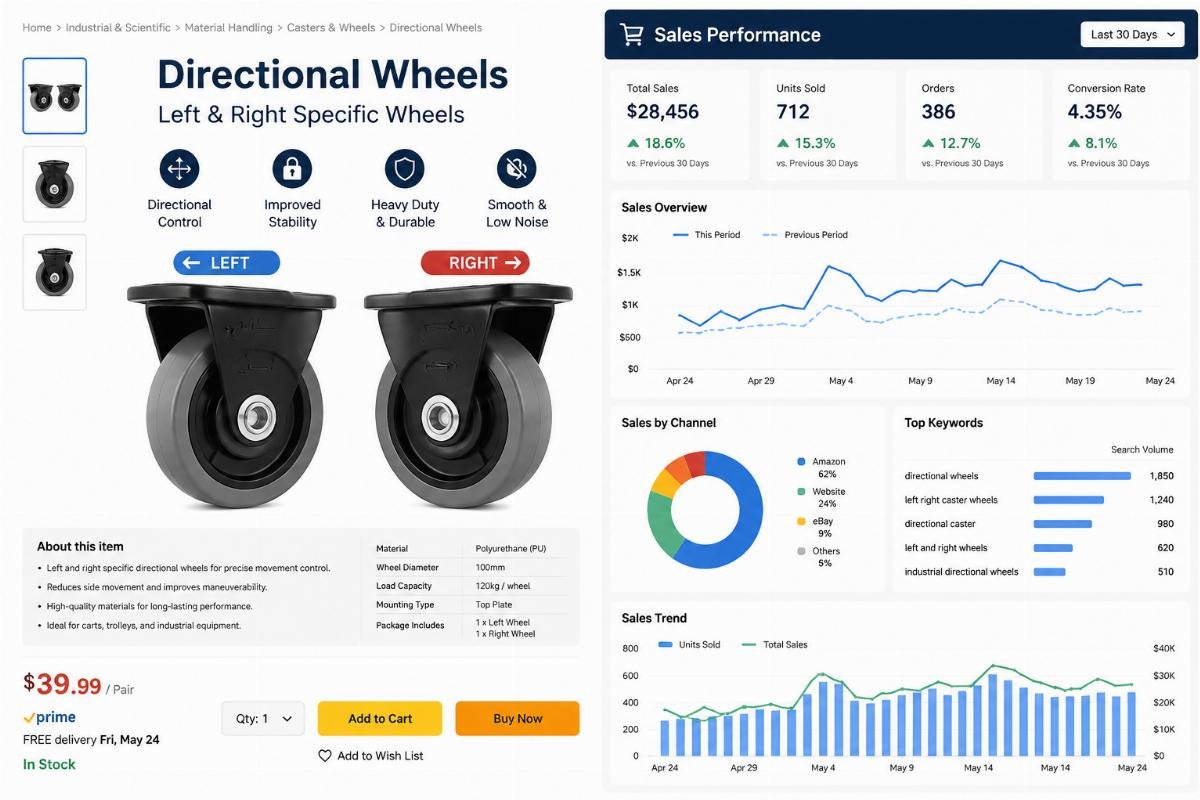 Directional wheel e-commerce sales performance E-commerce product listing for left and right specific directional wheels on retail platform