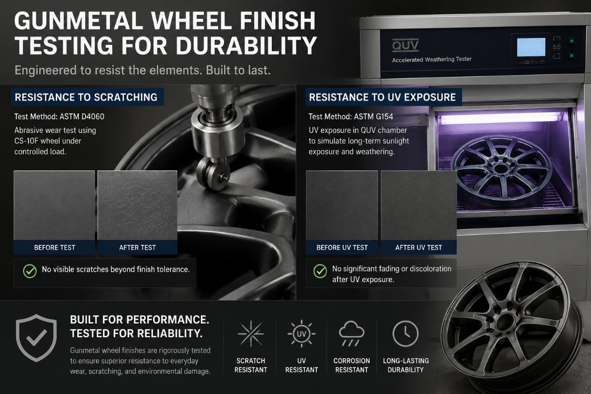 Gunmetal wheel finish test showing resistance to scratching and UV exposure