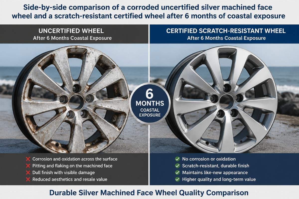 Side-by-side comparison of a corroded uncertified silver machined face wheel and a scratch-resistant certified wheel after 6 months of coastal exposure