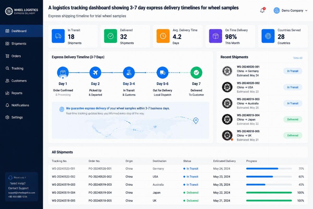 Express shipping timeline for trial wheel samples A logistics tracking dashboard showing 3-7 day express delivery timelines for wheel samples