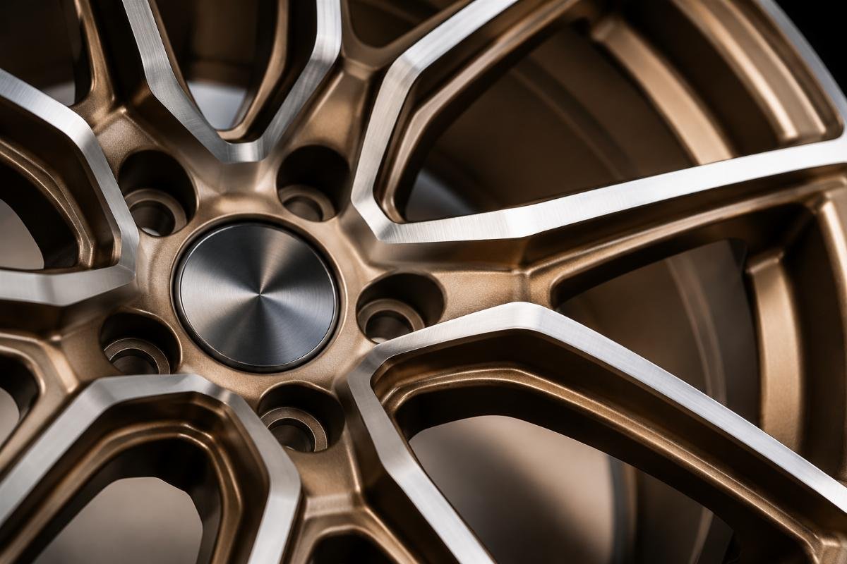 Close up of a bronze machined two-tone wheel showing the layered finish and precision machining details