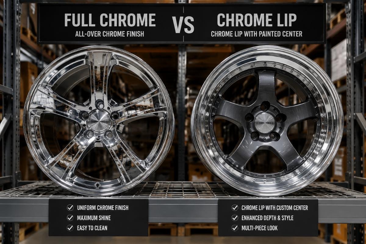 Two sets of chrome wheels, one full chrome and one with chrome lip, placed side by side on a warehouse shelf